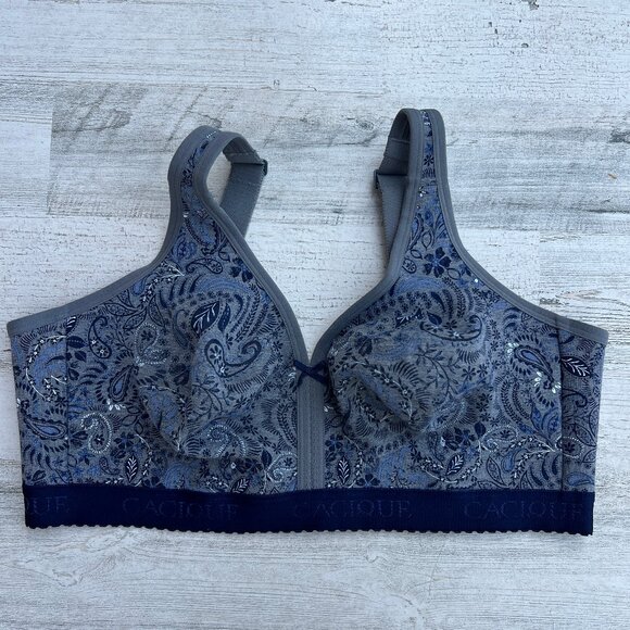 Cacique 42DD Floral‎ Bra Women's Blue Gray Unlined Full Coverage No Wire - Picture 1 of 13